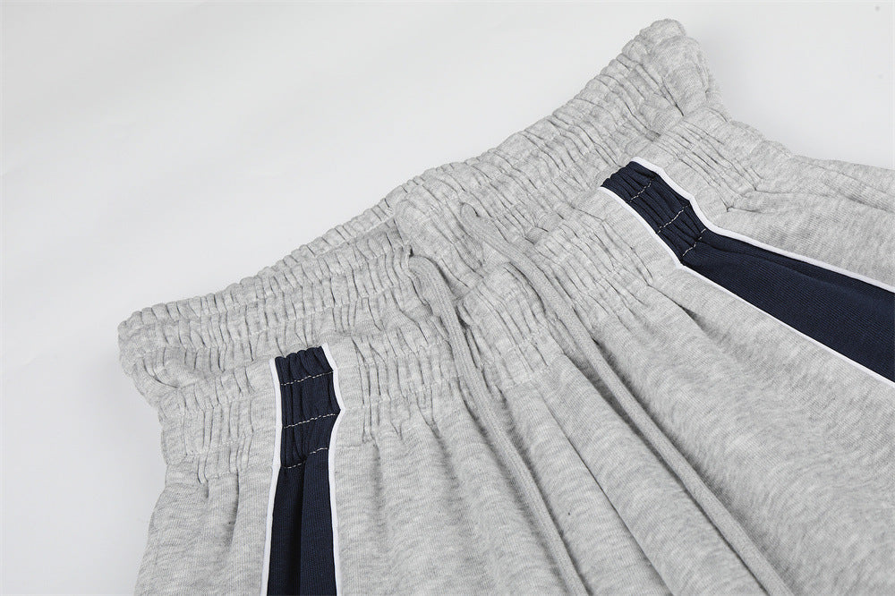 Colorblock Wide-Leg Sweatpants with Eagle Emblem & Faux Double Waistband