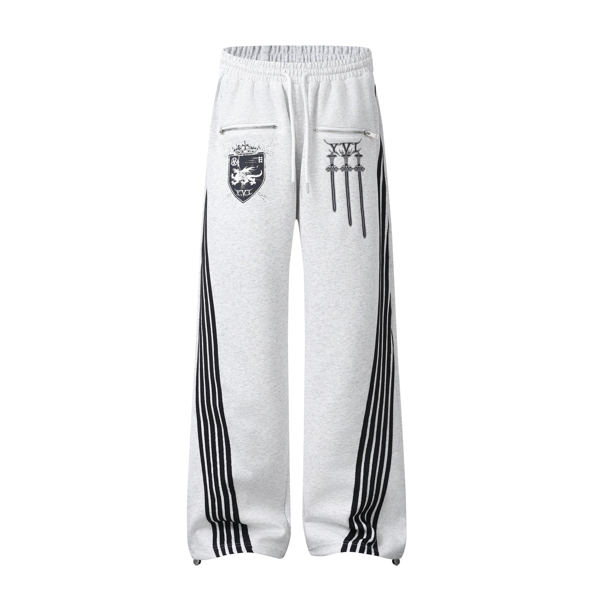 Pantalon de survêtement à jambes larges avec graphisme héraldique et détails latéraux multibandes
