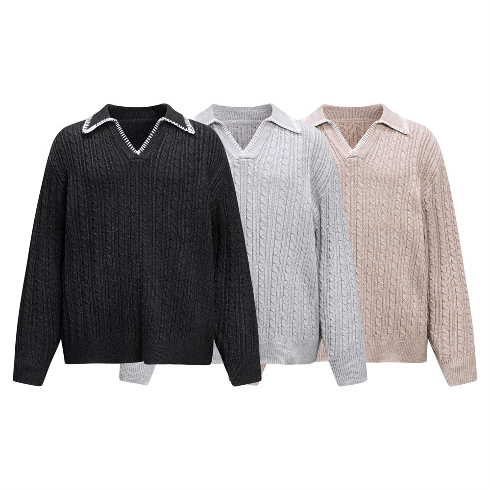 Oversized V-Neck Sweater – Cable Knit Polo Collar Long Sleeve Pullover
