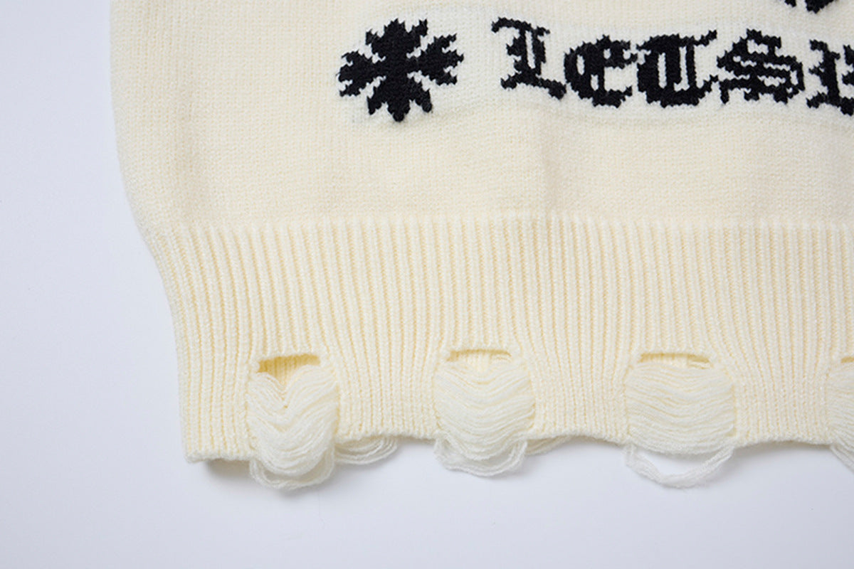Crew Neck Knit Sweater Gothic Cross Distressed Hem Streetwear