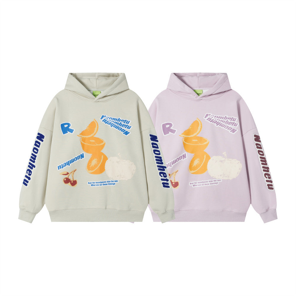 Oversized Graphic Hoodie with Fruit Print and Letter Graphics