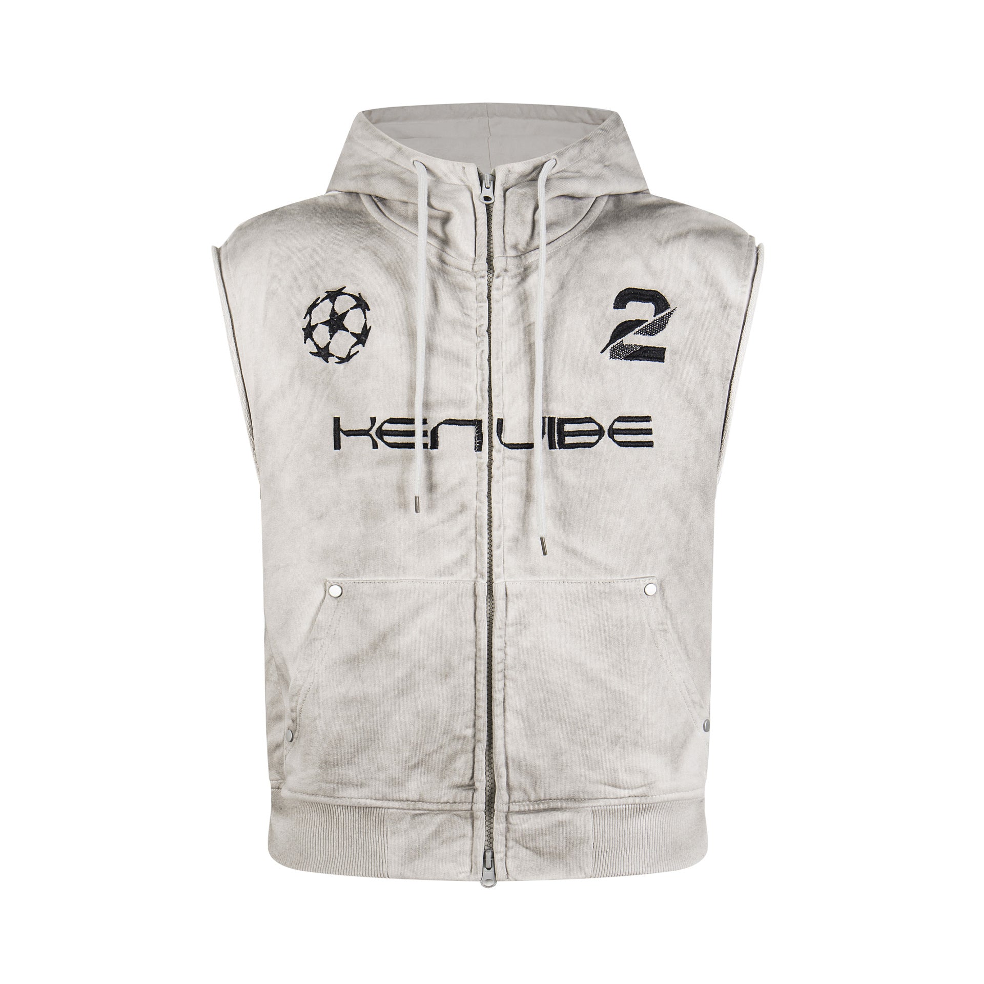Chaleco sudadera sin mangas con cremallera Kenvibe, en blanco lavado, con escudo de fútbol y gráfico del número 2 en el pecho, vista frontal
