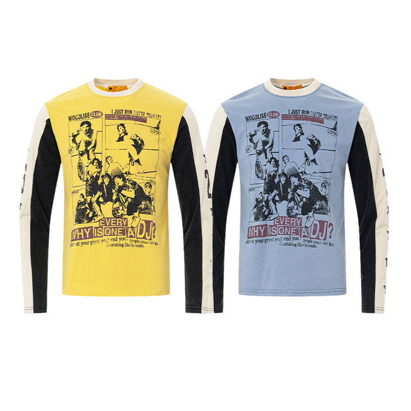 カラーブロック ロングスリーブ グラフィックTシャツ｜ヴィンテージ ストリートウェア コミックプリント