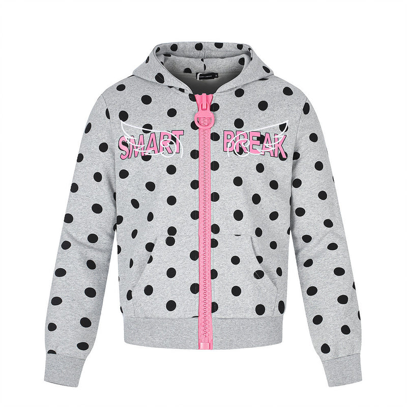 Polka Dot Zip-Up Hoodie with Embroidered Graphic – Cropped Streetwear Sweatshirt