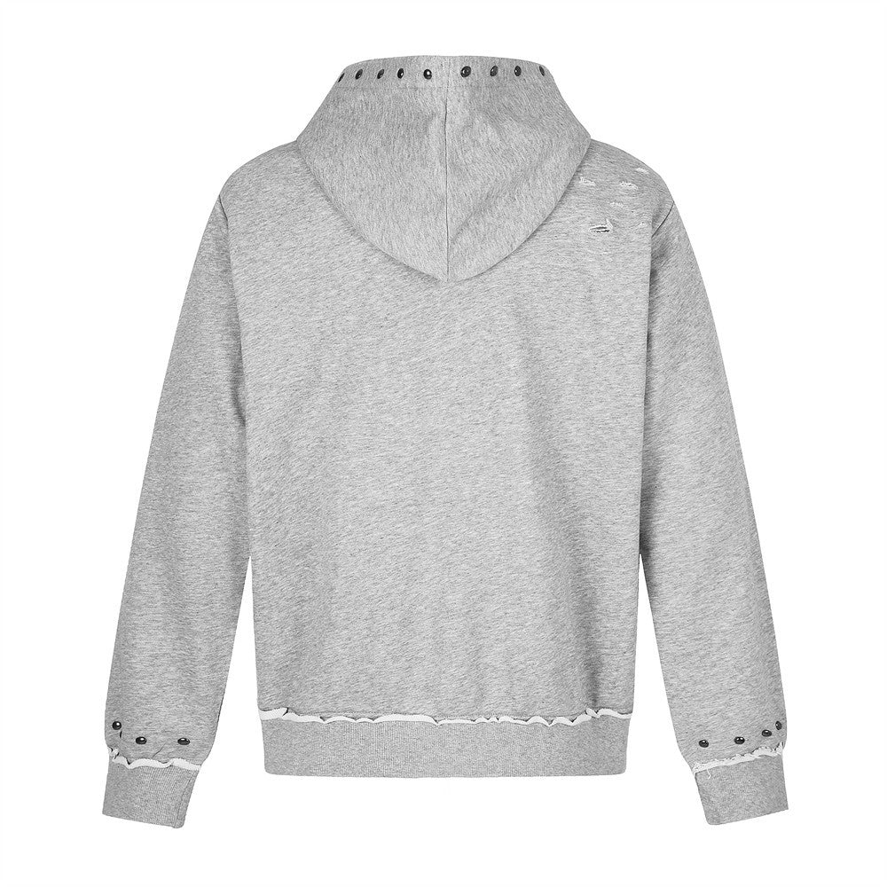 Light gray hoodie back view with studded hood, distressed hem and cuff details