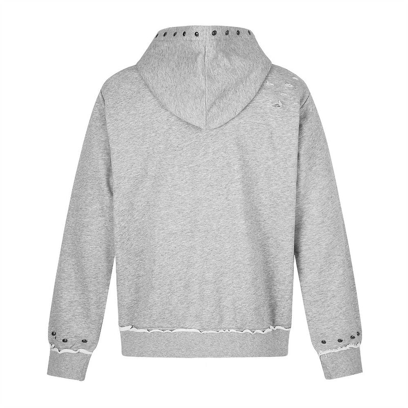 Light gray hoodie back view with studded hood, distressed hem and cuff details