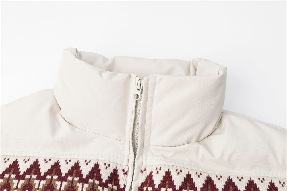 Men's Oversized Puffer Jacket with Fair Isle Knit Panel & Stand Collar