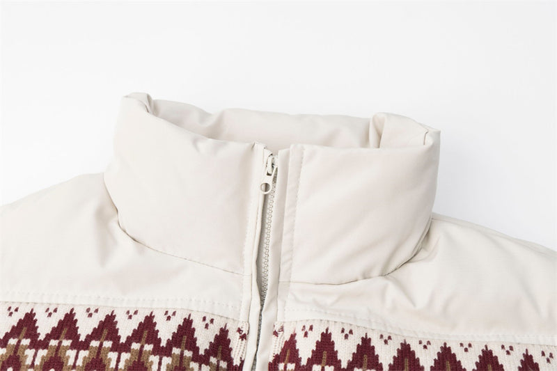 Men's Oversized Puffer Jacket with Fair Isle Knit Panel & Stand Collar