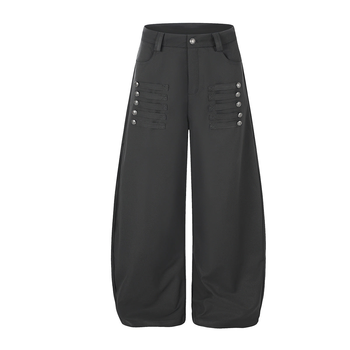 Wide-Leg-Palazzohose mit horizontalem Riemen im Military-Stil und silbernen Knopfdetails an den Oberschenkeln, in Anthrazitgrau und Bl