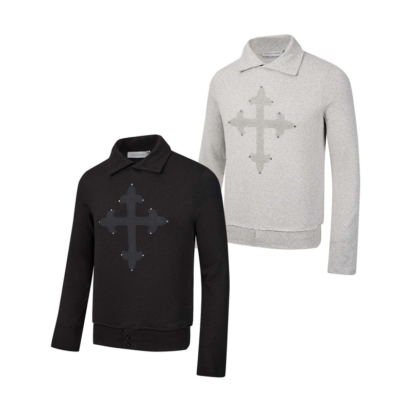 Polo manches longues avec écusson croix clouté – Haut streetwear vintage à ourlet brut