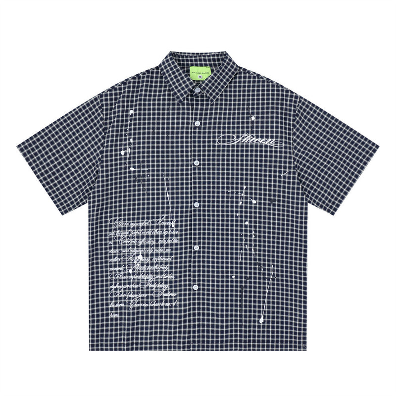 Plaid Check Short Sleeve Shirt – Oversized Streetwear with Script Print
