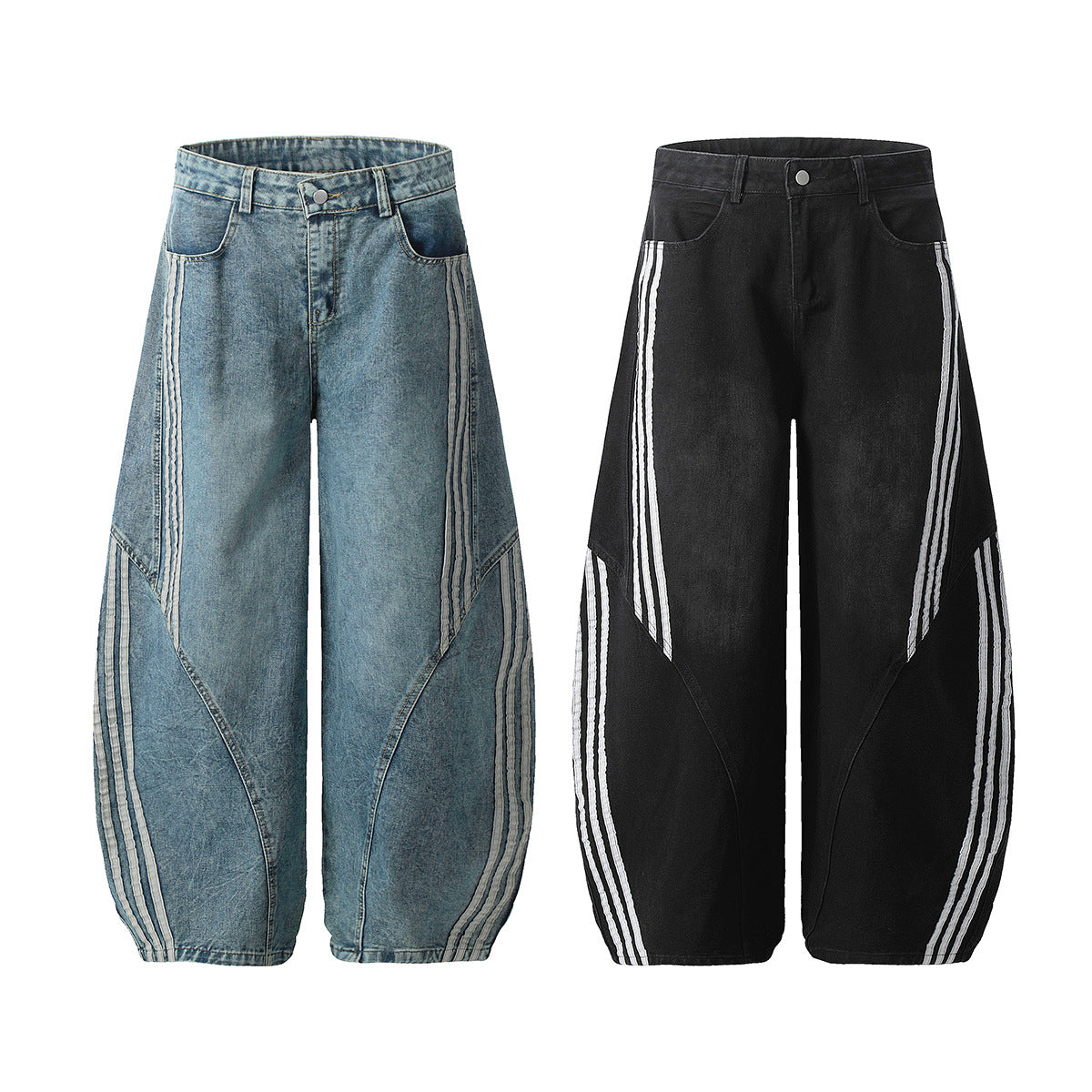 Men's baggy wide-leg washed denim jeans with triple stripe detail in blue and black colorways
