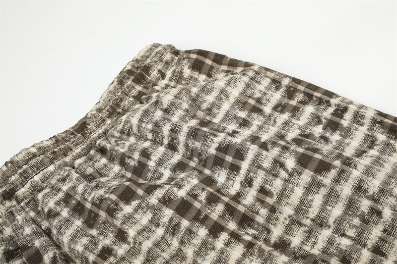 Brown Plaid Wide-Leg Pants – Distressed Tie-Dye Vintage Loose Straight Trousers