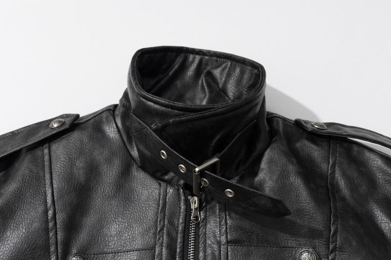 Gothic Cross Moto Jacket – Padded Faux Leather with Military Buttons & Cross