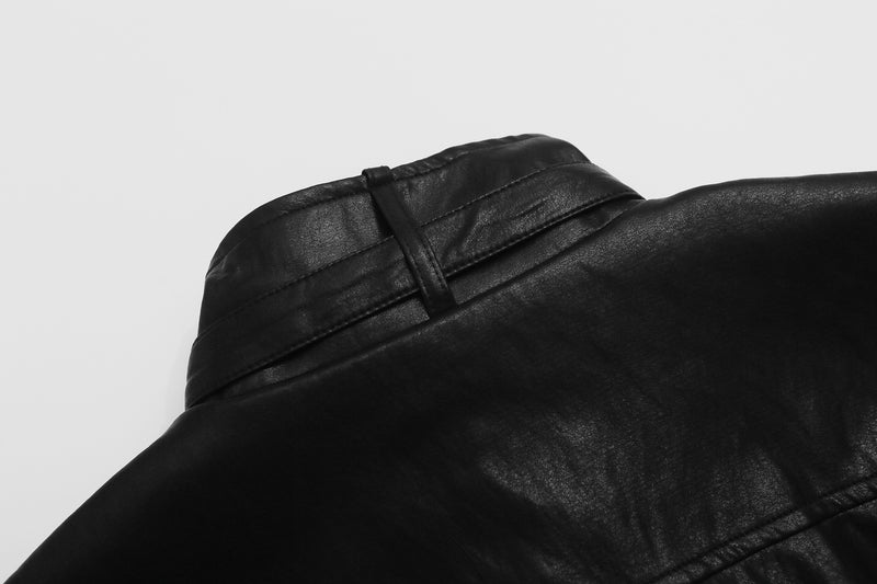 Faux Leather Biker Jacket – Oversized Stand Collar, Double-Breasted, Moto Style