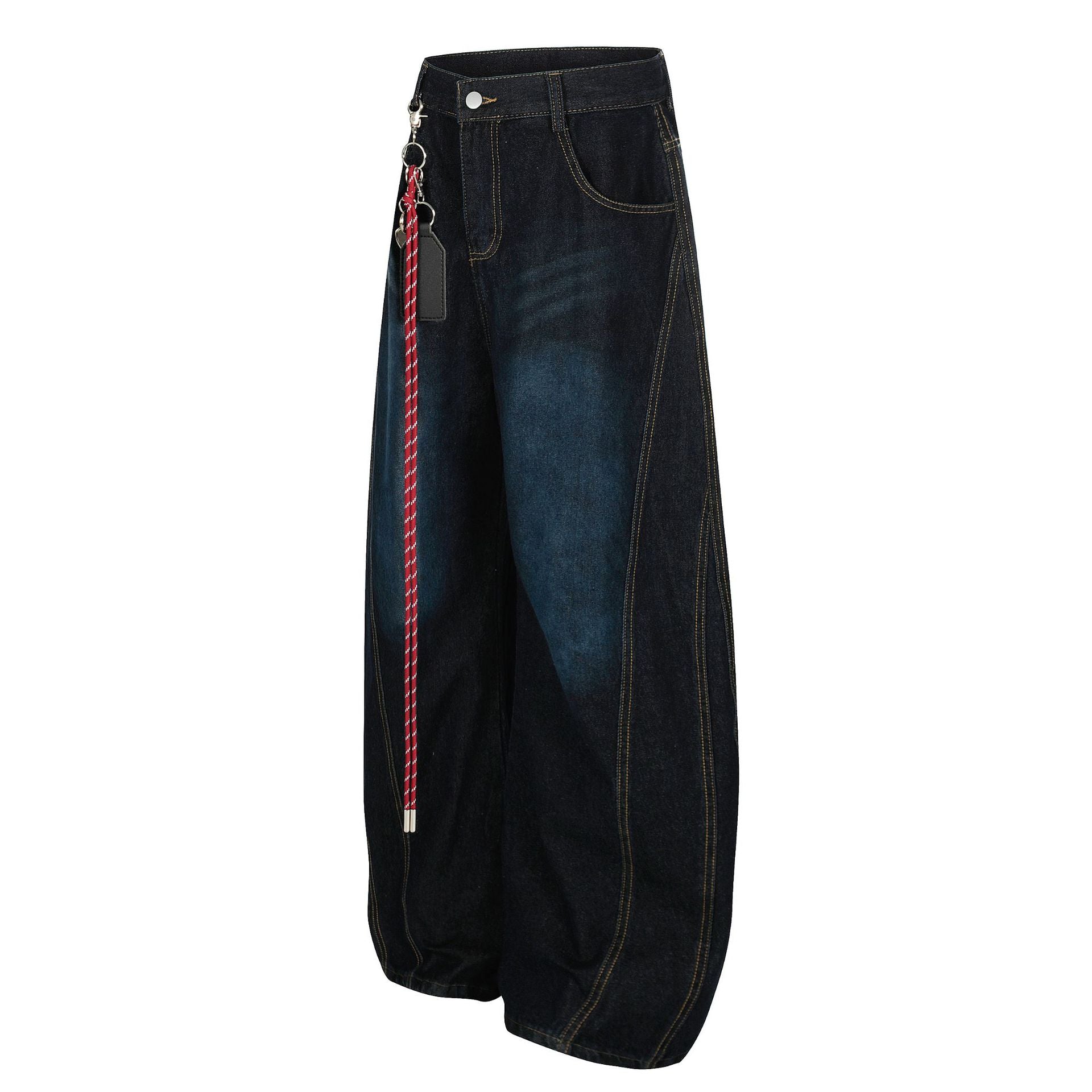 Jeans barrel à jambes larges – Délavage foncé, style américain vintage et détail porte-clés