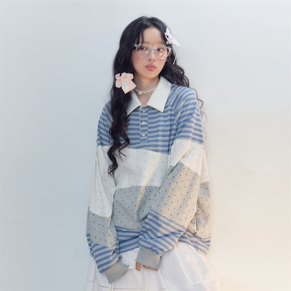Long Sleeve Polo Shirt Patchwork Striped Color-Block Oversized Top