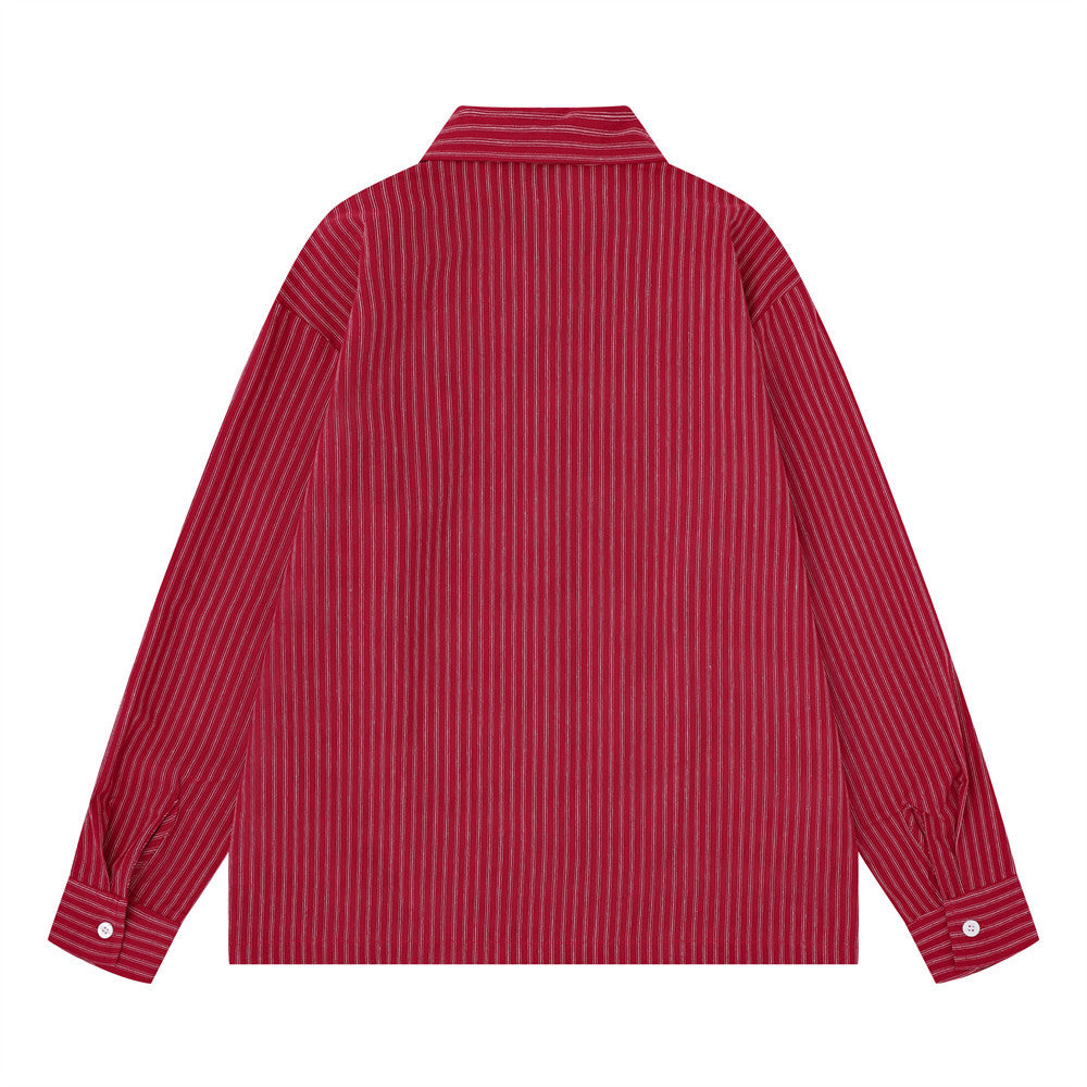 Red striped long sleeve shirt back view with oversized cut and buttoned cuffs