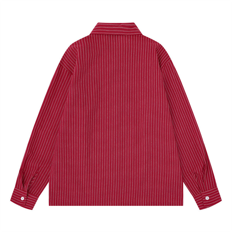 Red striped long sleeve shirt back view with oversized cut and buttoned cuffs
