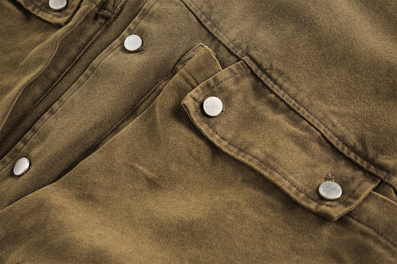 Blouson bomber homme en toile canvas délavée avec grandes poches cargo et col à boucle