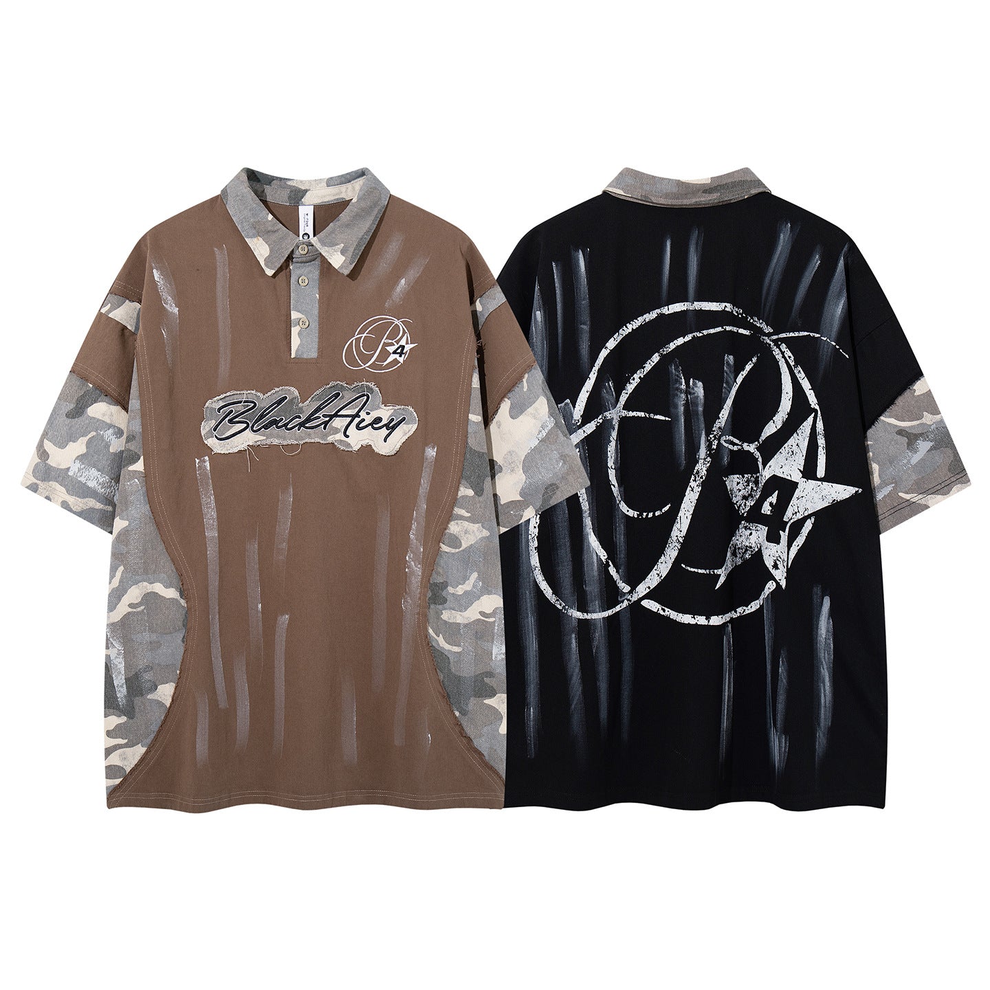 Chemise à manches courtes et col polo – Polo graffiti patchwork camouflage avec pinceau