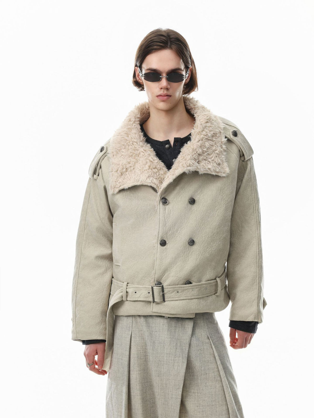 Double-breasted shearling collar padded jacket with waist belt in cream, worn open showing fluffy collar lining