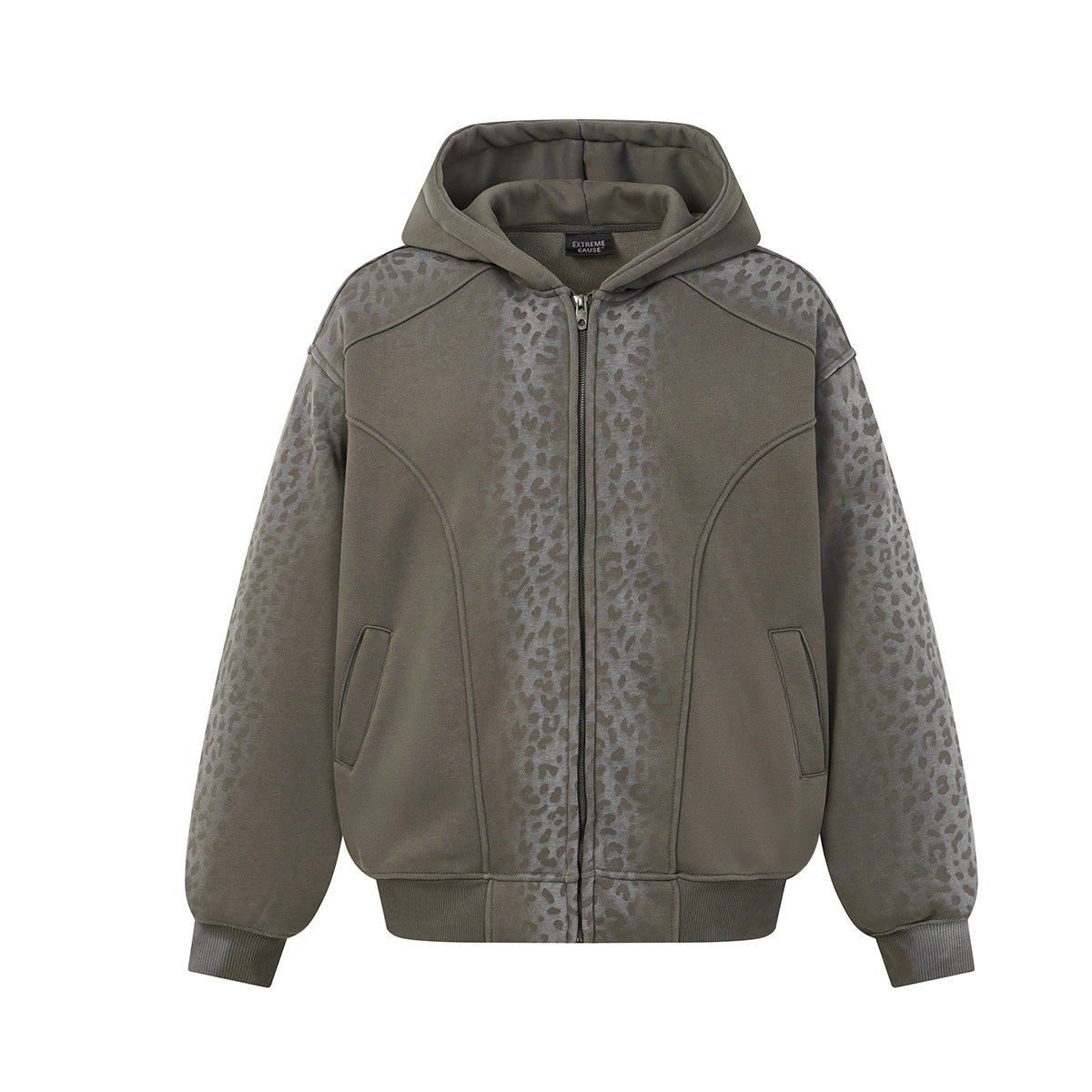 Oversized tonal leopard print zip-up hoodie in olive green with fleece lining and ribbed cuffs, front view
