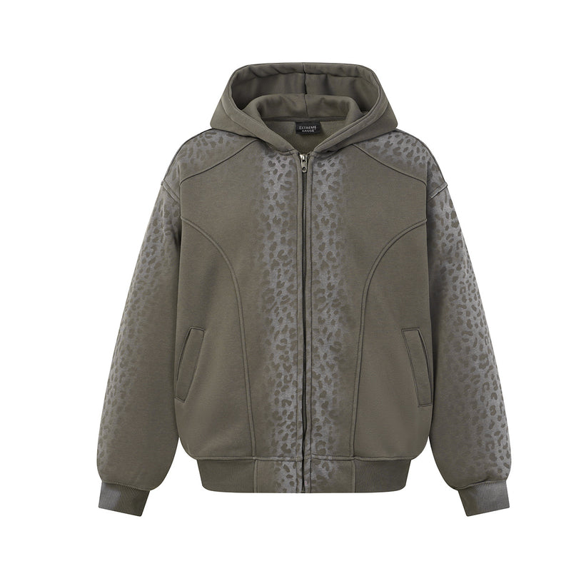 Oversized tonal leopard print zip-up hoodie in olive green with fleece lining and ribbed cuffs, front view