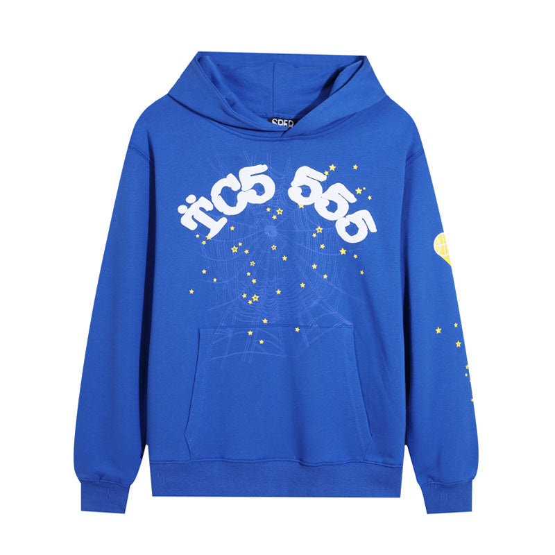 The Bold Blue Sp5der Hoodie - Trendy Web and Star Print Hooded Sweatshirt by Sp5der features white Cyrillic letters, constellation-like star patterns on the front, a front pocket, and a smaller celestial motif on the right sleeve. Ideal for streetwear fans.