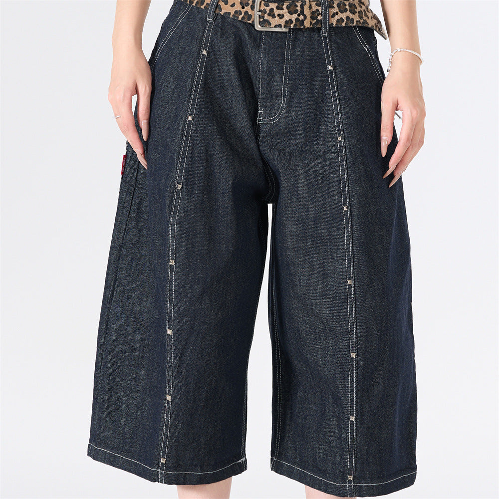 Wide-Leg Denim Cargo Shorts – Multi-Pocket Workwear Style