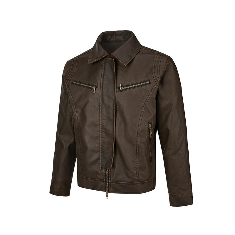 Men's Vintage Punk Multi-Zip PU Leather Moto Jacket – Distressed Brown
