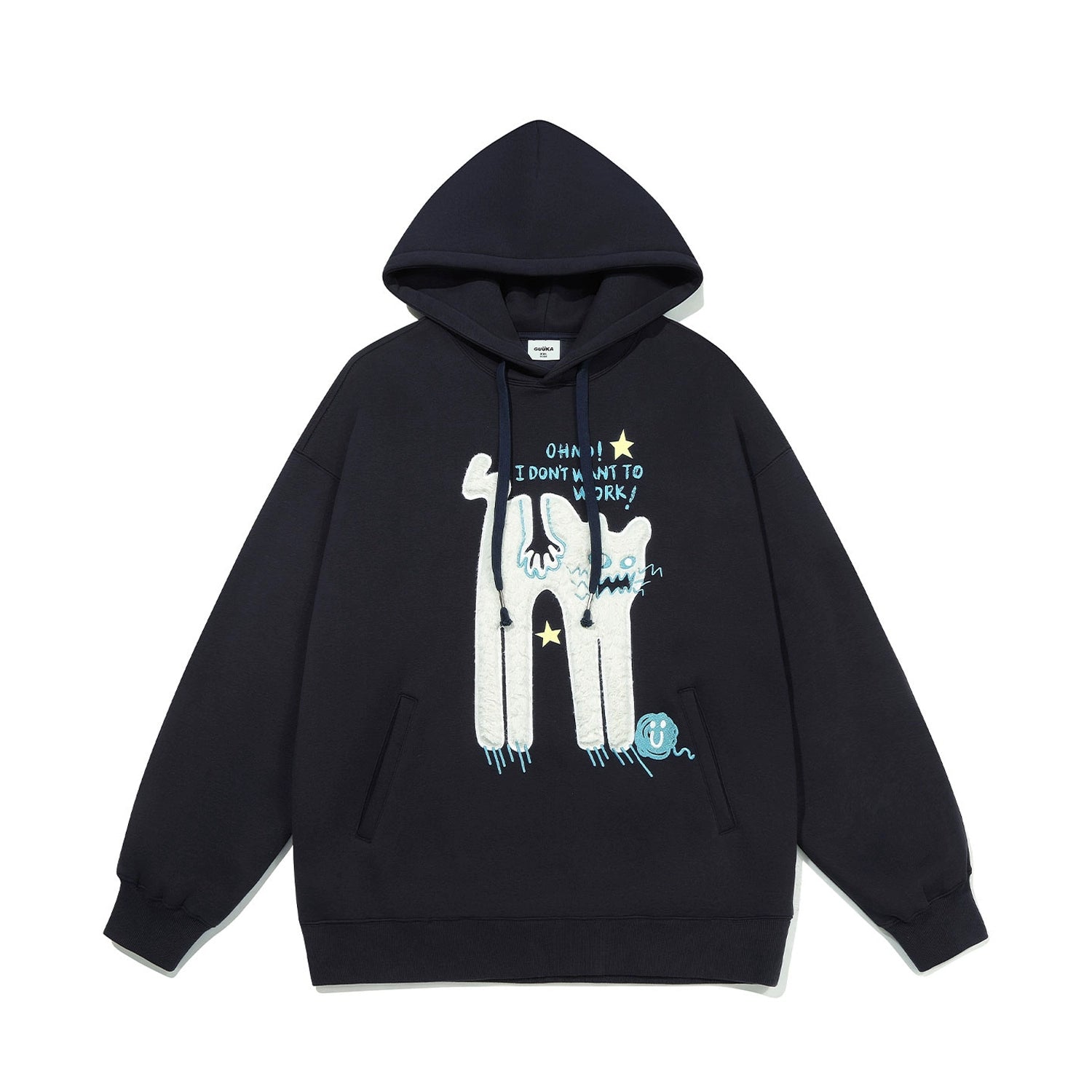 The Seakoff &quot;Oh No! I Don’t Want to Work!&quot; oversized black hoodie features a cute lazy cat graphic with blue and white text. It’s ideal for casual streetwear, complete with a drawstring hood and front pocket for comfort.