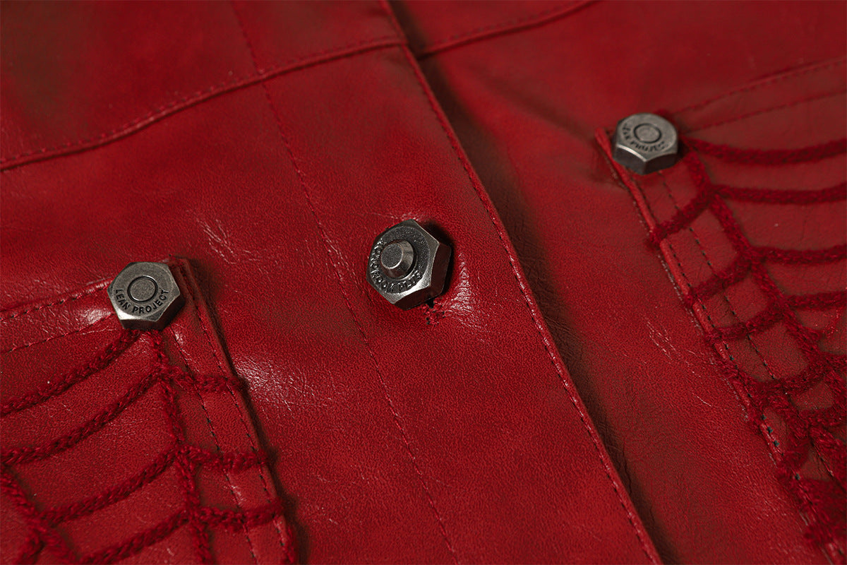 Spiderweb Embroidered PU Leather Jacket – Oversized Moto Fit