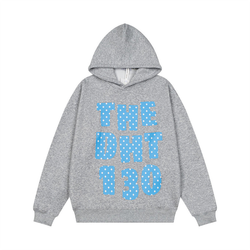 Oversized pullover hoodie with polka-dot rhinestone THE DHT 130 block letter graphic on chest, shown in white, grey, and blac