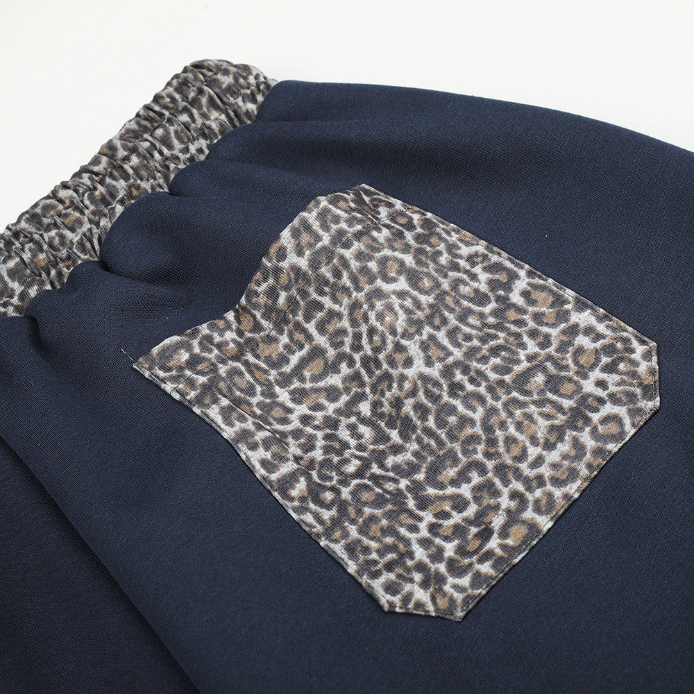 Wide Leg Star Patch Sweatpants with Leopard Print Waistband