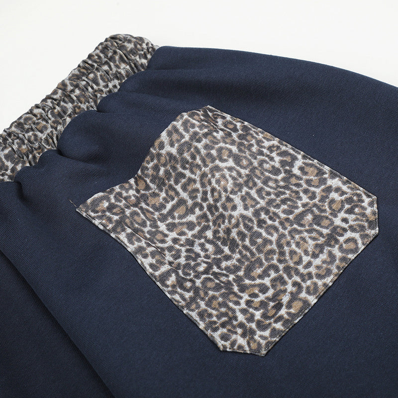 Wide Leg Star Patch Sweatpants with Leopard Print Waistband