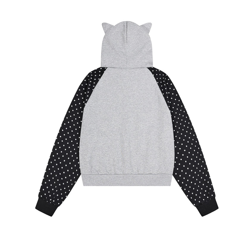 Hoodie zippé à oreilles de chat avec manches raglan étoilées et poches-pattes