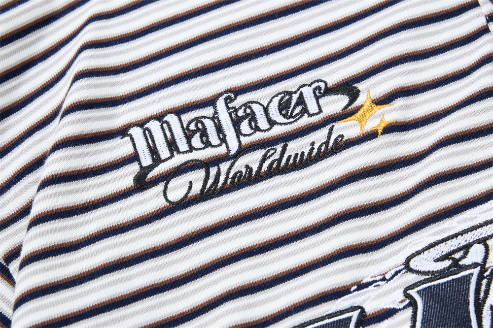American Vintage Striped Polo Shirt – Mafaer Racing Embroidered Short Sleeve
