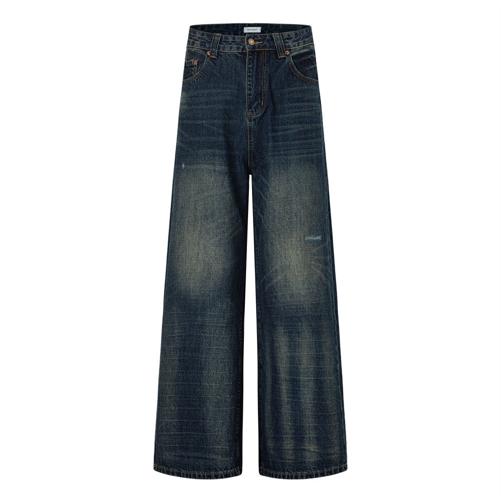 Men's dark blue vintage washed wide-leg jeans with distressed details, front and back view