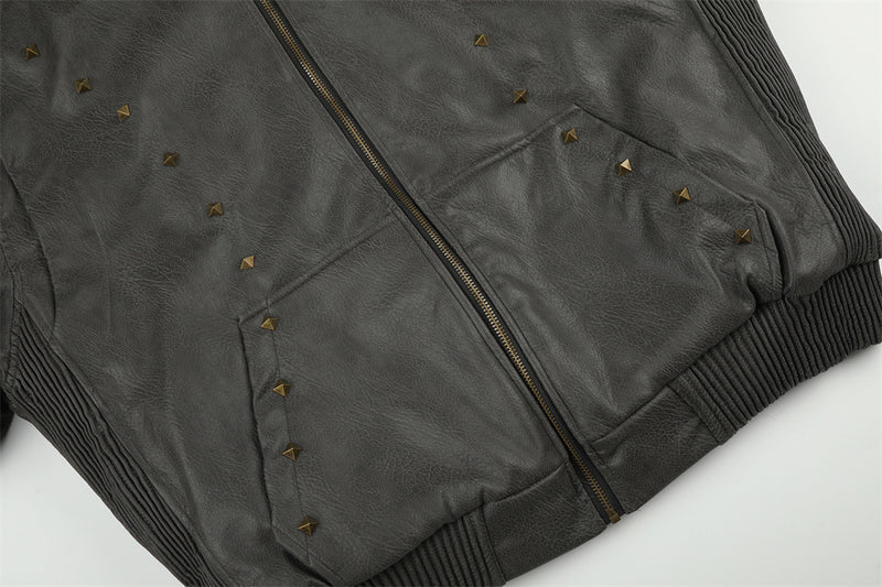 Punk Fur-Collar Studded PU Leather Hooded Bomber Jacket