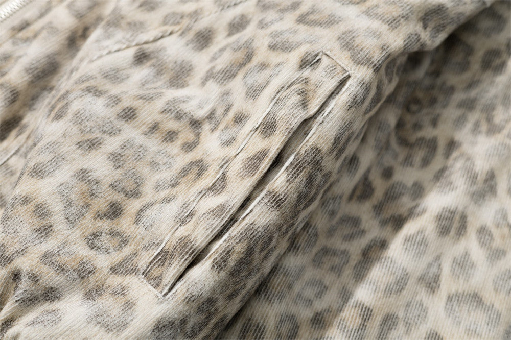 Leopard Print Hooded Bomber Jacket with Faux Fur Trim