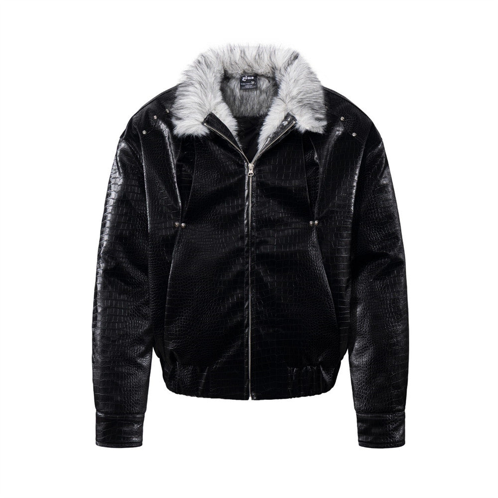 Chaqueta bomber de hombre con cuello de pelo – Cuero PU negro grabado efecto cocodrilo