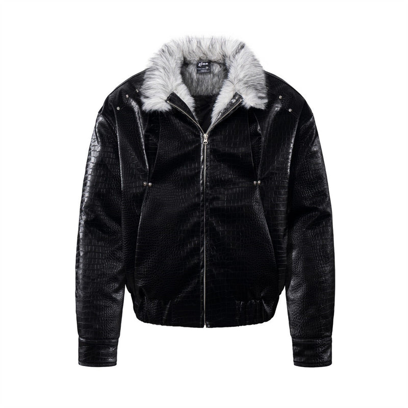 Chaqueta bomber de hombre con cuello de pelo – Cuero PU negro grabado efecto cocodrilo