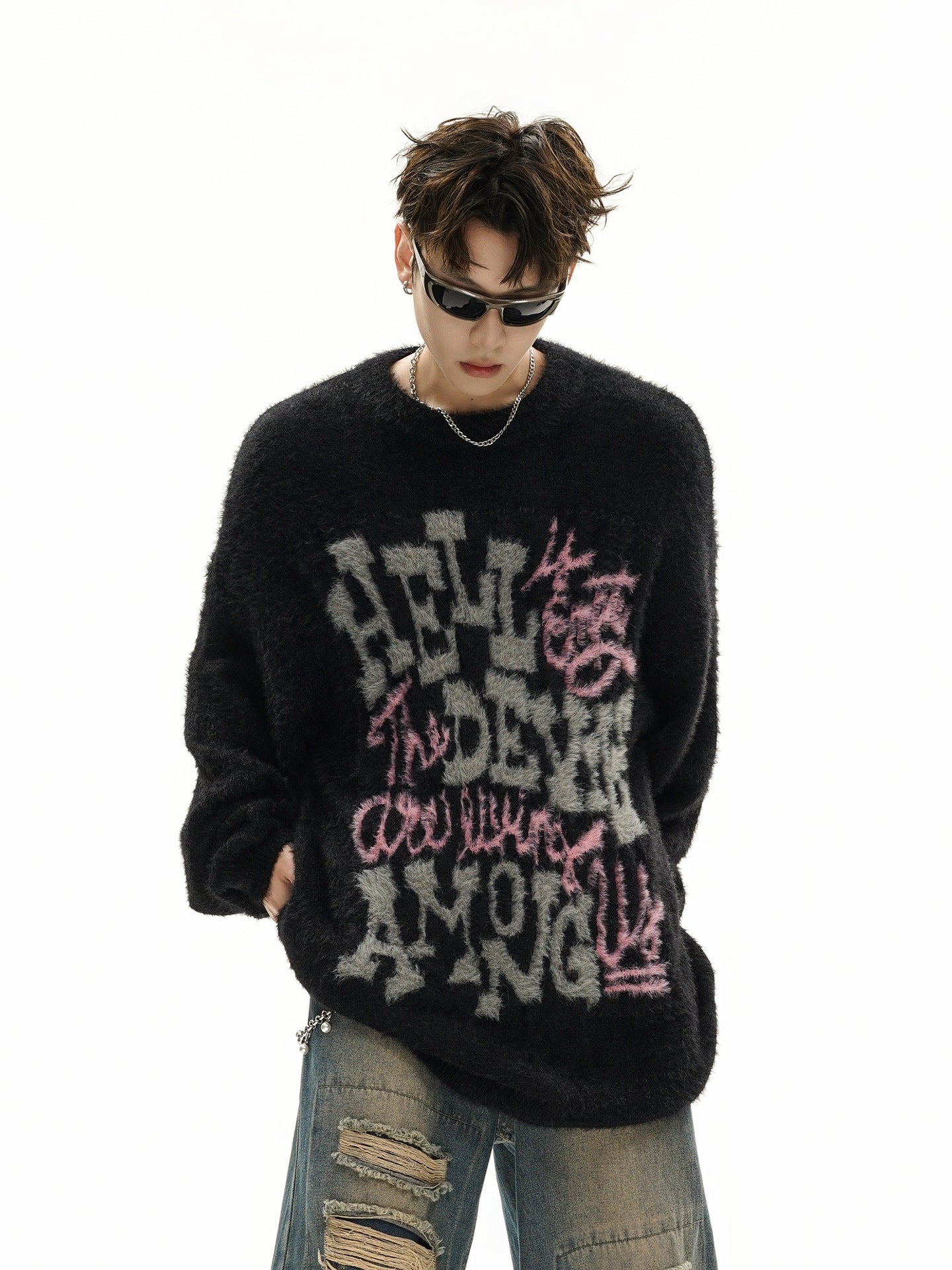 Pull oversize en maille jacquard à lettrage – Hell Is Empty, motif graffiti