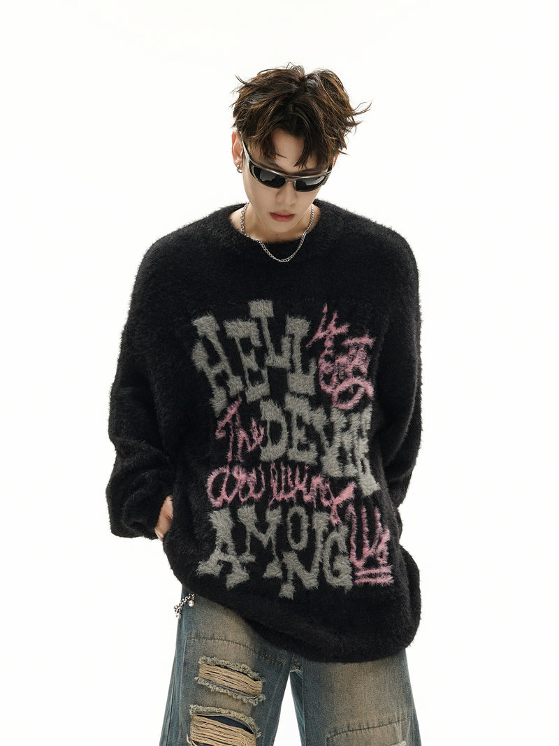 Pull oversize en maille jacquard à lettrage – Hell Is Empty, motif graffiti