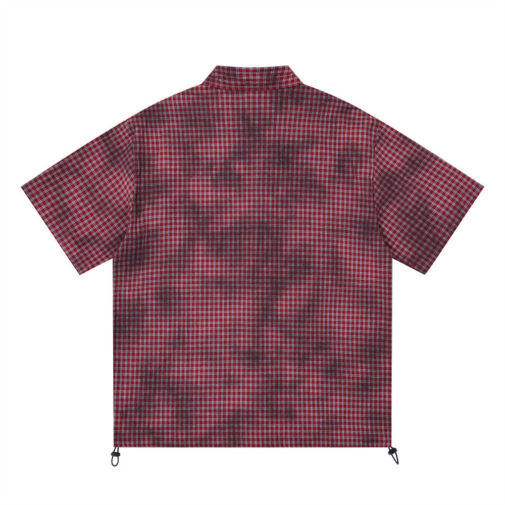 Men's Short Sleeve Shirt – Plaid Tie-Dye Washed Check with Drawstring Hem
