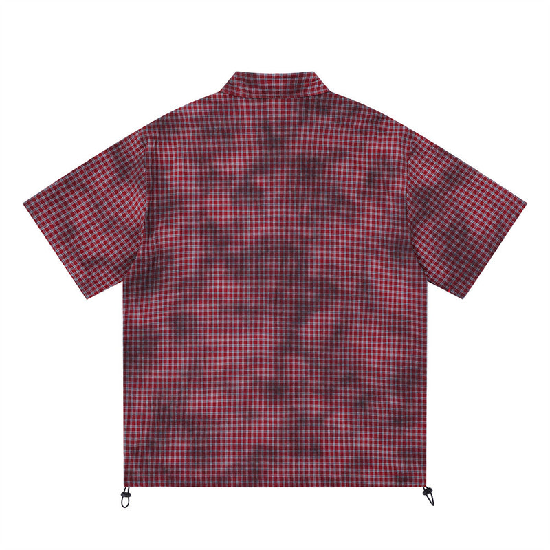 Men's Short Sleeve Shirt – Plaid Tie-Dye Washed Check with Drawstring Hem