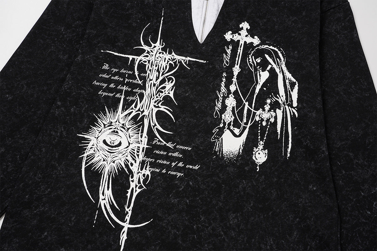 Gothic Graphic Long Sleeve Shirt – Oversized Religious Print, Zip Neckline