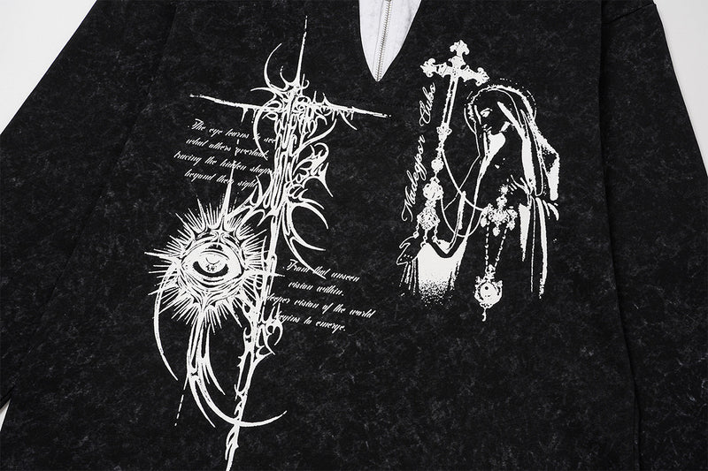Gothic Graphic Long Sleeve Shirt – Oversized Religious Print, Zip Neckline