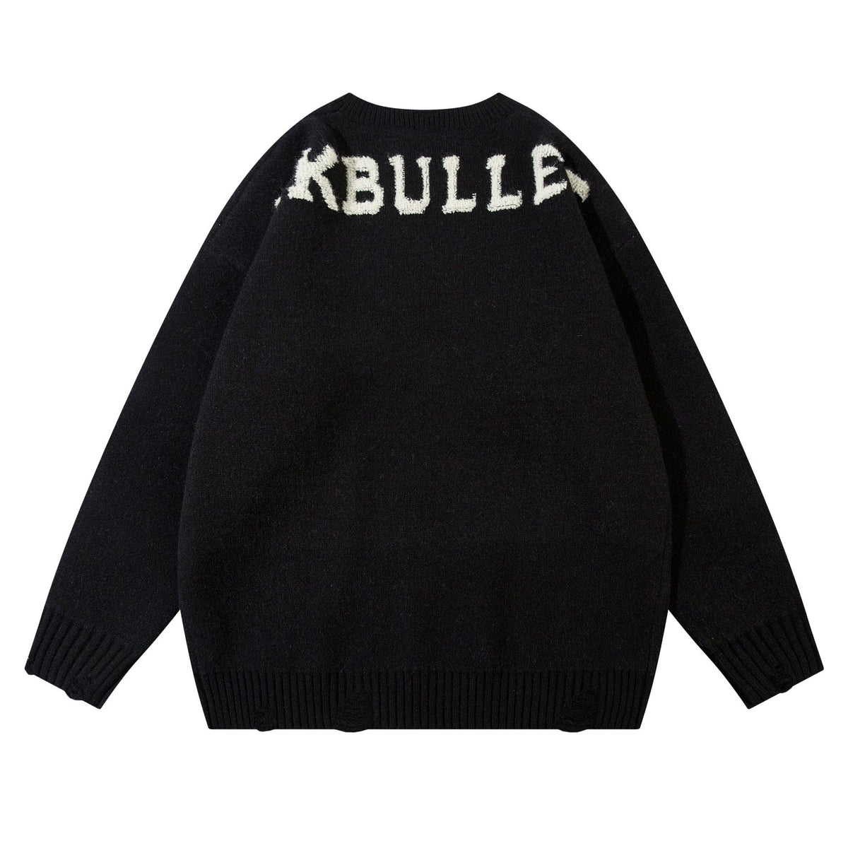Distressed Graphic Knit Sweater – Oversized Crewneck with Raw-Edge Letter Detail